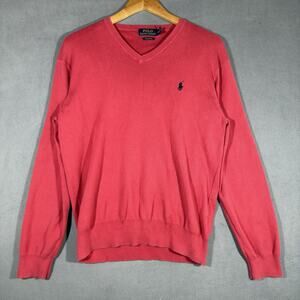 Polo Ralph Lauren Sweater Mens Medium Red Pima Cotton V Neck Lightweight Knit